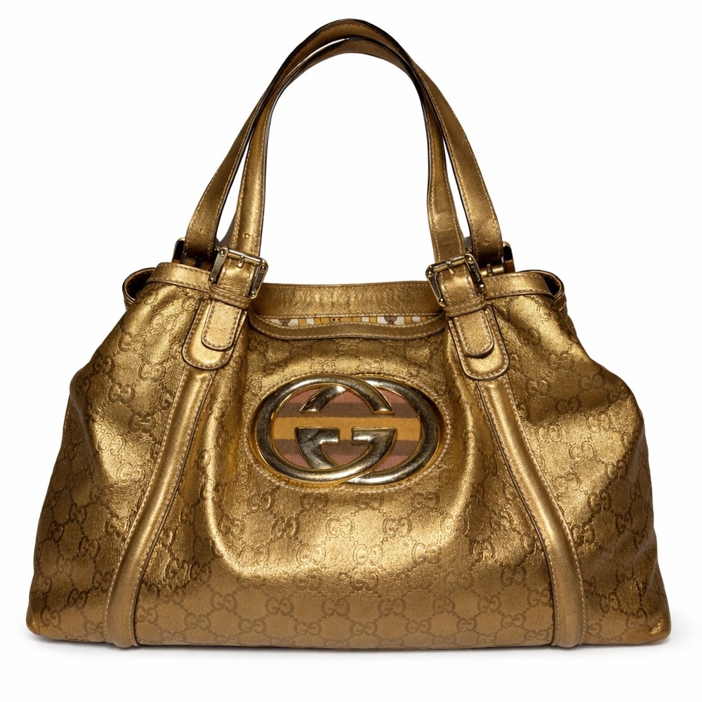 Authentic Gucci Metallic Gold GG Monogram Large Britt Hobo Shoulder Bag RARE